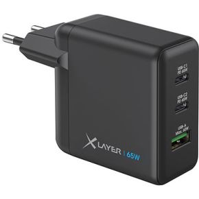 XLayer universele wandlader - 2 x USB-C PD 65W - 1 x USB-A 60W - Compacte GaN wandlader - zwart