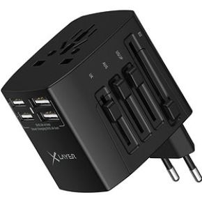 XLayer wereldstekker / reisstekker - 4 x USB - 1 x Stekker - Geïntegreerde plug voor US, UK en AUS - Wereldwijd te gebruiken in 220 landen - Zwart