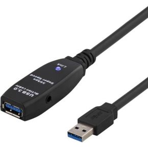 DELTACO USB3-1004, USB actieve verlengkabel USB 3.0, Met externe voeding, 7 meter - Zwart