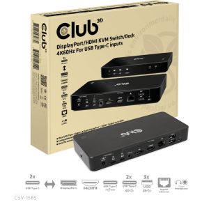 CLUB3D DisplayPort/HDMI KVM Switch/Dock 4K60Hz For USB Type-C inputs