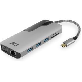 ACT USB-C naar HDMI of VGA female multiport adapter, ethernet, 3x USB-A, cardreader, audio, PD pass