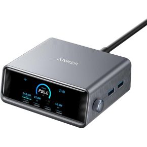 Anker Prime Oplader, 250W GaN Prime USB C Oplaadstation, Ultra-Snelle 6-Poorts, 2.26" LCD Display en Slimme Bedieningsknop, Compatibel met MacBook Pro/Air, iPhone 16/15/14, Galaxy,