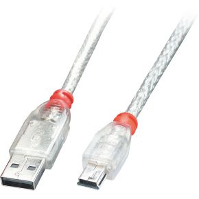 Lindy 41781 0.5m USB A Mini-USB B Rood, Zilver, Doorschijnend USB-kabel
